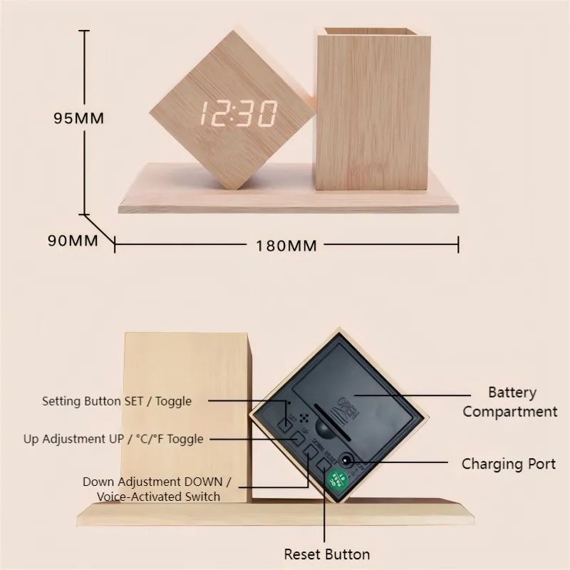 🪵 Wood Pen Holder Clock – Smart LED Desk Organizer ⏰