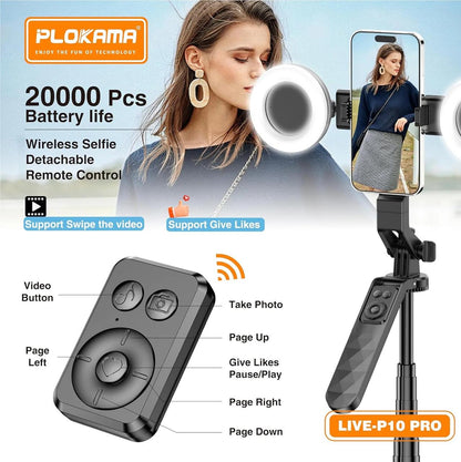 Plokama 3 IN 1 Selfie Stick Tripod with LED Light & Remote Live-P10 Pro