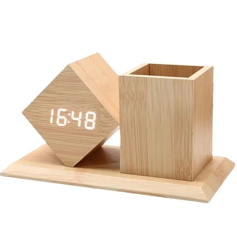 🪵 Wood Pen Holder Clock – Smart LED Desk Organizer ⏰