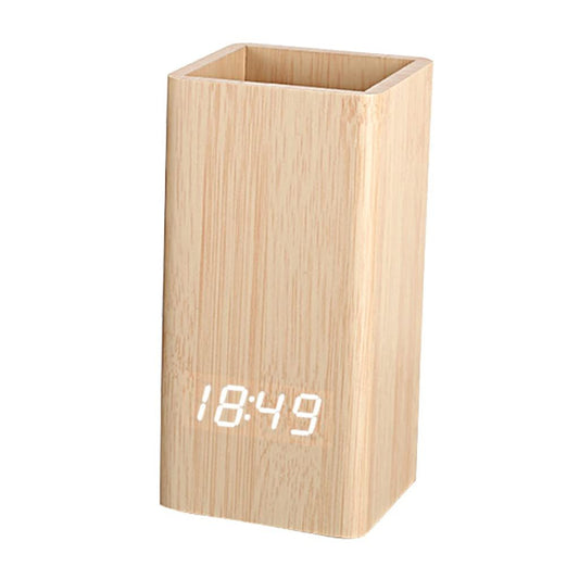 🪵 Wood Pen Holder Clock – Smart LED Desk Organizer ⏰