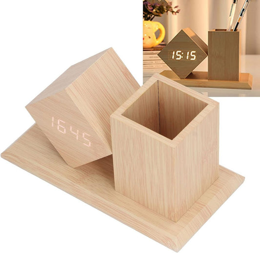 🪵 Wood Pen Holder Clock – Smart LED Desk Organizer ⏰